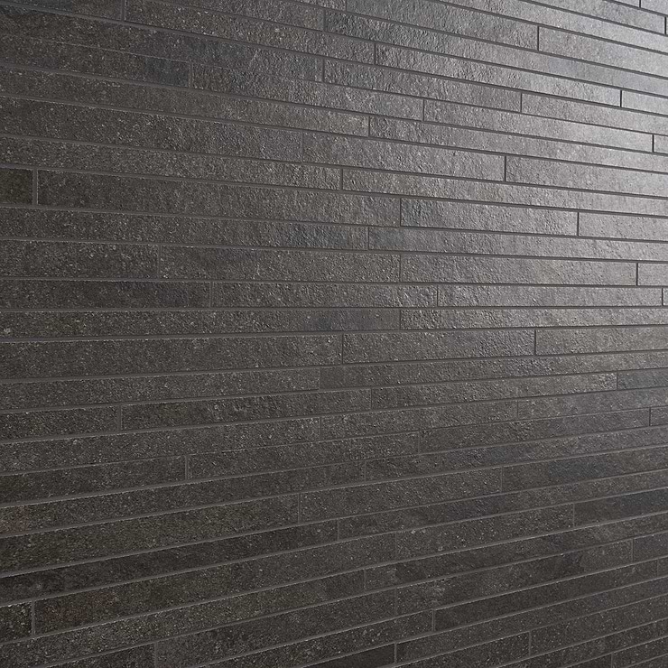 Acadia Thin Strip Charcoal Black Limestone Look Matte Porcelain Mosaic Tile
