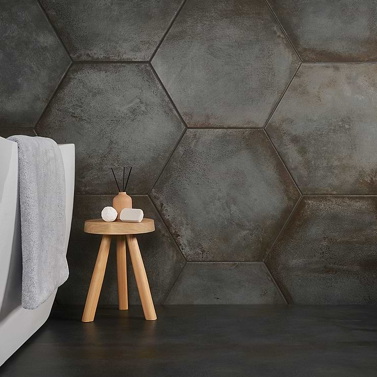 Angela Harris Flatiron Graphite 20" Large  Hexagon Matte Porcelain Tile