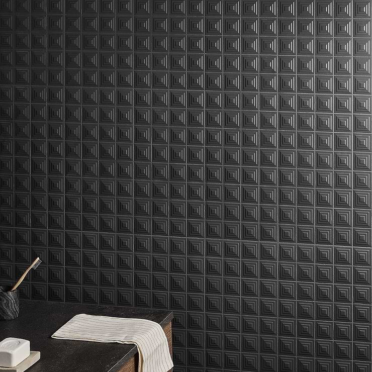 Kinzie Pyramid Charcoal Black 8x16 3D Matte Ceramic Tile