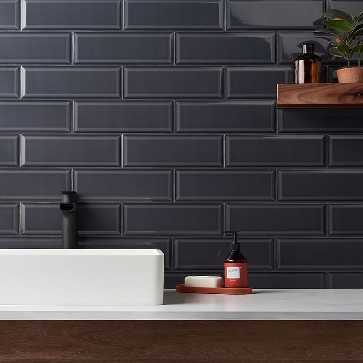 Rise Charcoal Gray 4x12 Beveled Glossy Ceramic Subway Tile