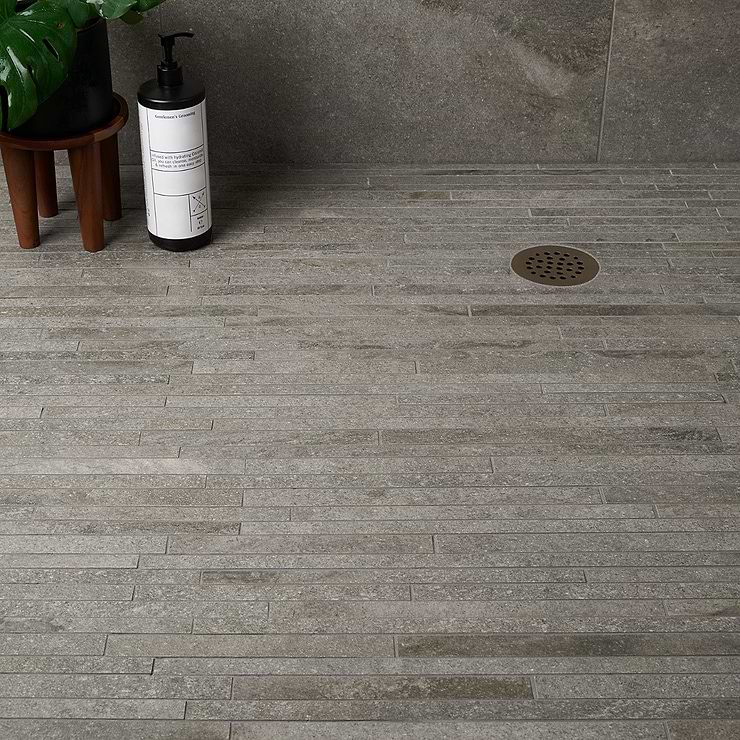 Acadia Thin Strip Slate Gray Quartz Look Matte Porcelain Mosaic Tile