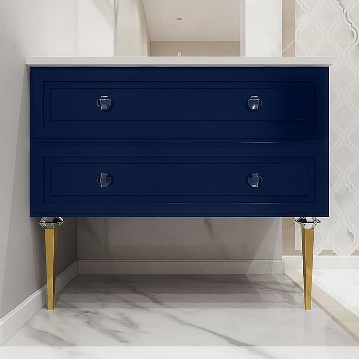 Alma Blue 30" Vanity with Gold  and Lucite Legs and Hardware