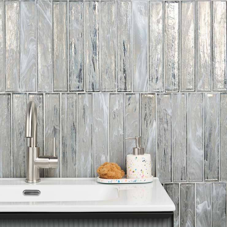 Komorebi Brick Mineral Ice Gray 2x12 Polished Glass Subway Tile