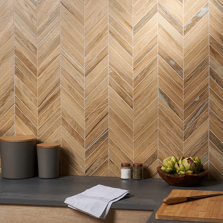 Eternal Chevron Birch Matte Porcelain Wood Look Mosaic Tile