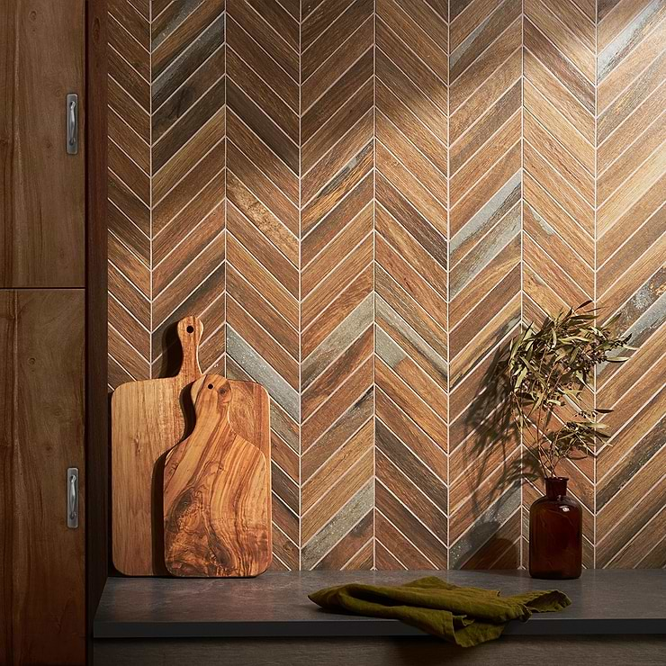 Eternal Chevron Oak Matte Porcelain Wood Look Mosaic Tile