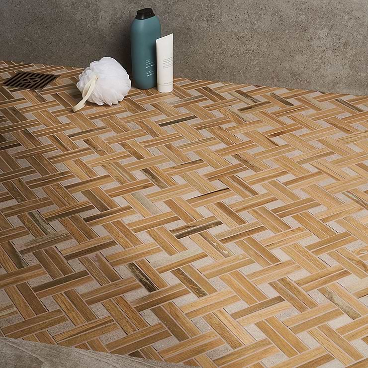 Eternal Basketweave Herringbone Birch Matte Porcelain Wood Look Mosaic Tile