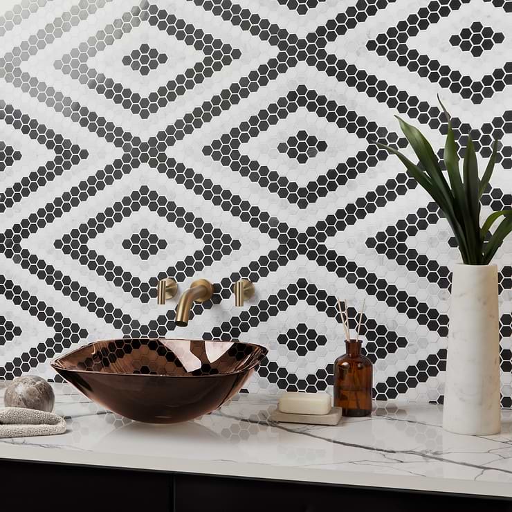 Juno Diamond Black and White 1" Hexagon Polished Marble Mosaic Tile