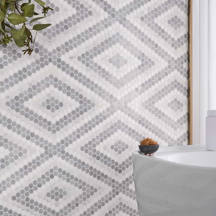 Juno Diamond Gray and White 1" Hexagon Polished Marble Mosaic Tile