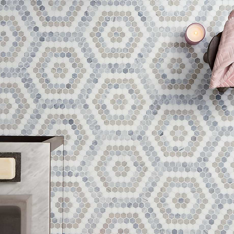 Juno Honeycomb Beige and Gray 1" Hexagon Polished Marble Mosaic Tile