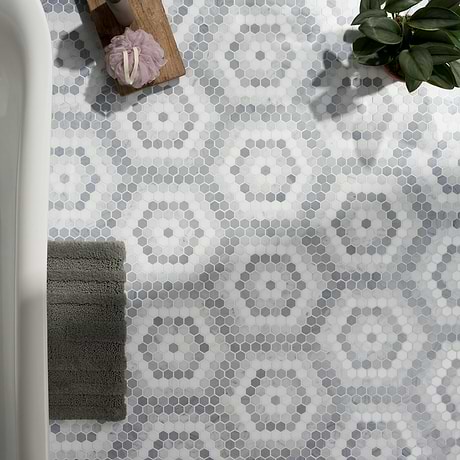 Juno Honeycomb Gray and White 1" Hexagon Polished Marble Mosaic Tile