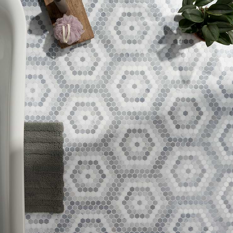 Juno Honeycomb Gray and White 1" Hexagon Polished Marble Mosaic Tile