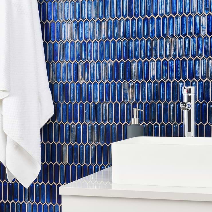Komorebi Picket Athens Blue 1x3 Polished Glass Mosaic Tile