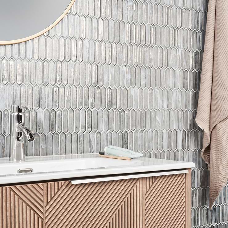 Komorebi Picket Mineral Ice Gray 1x3 Polished Glass Mosaic Tile
