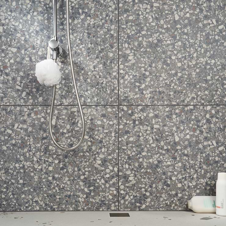 Kobe Flakes Charcoal Gray 24x24 Terrazzo Look Matte Porcelain Tile