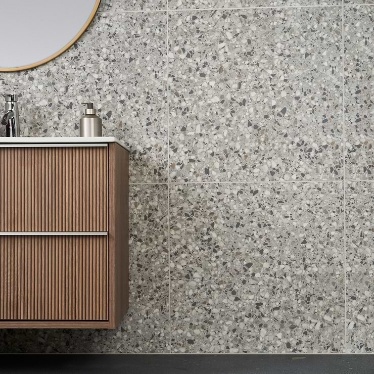 Kobe Flakes Smoke Gray 24x24 Terrazzo Look Matte Porcelain Tile