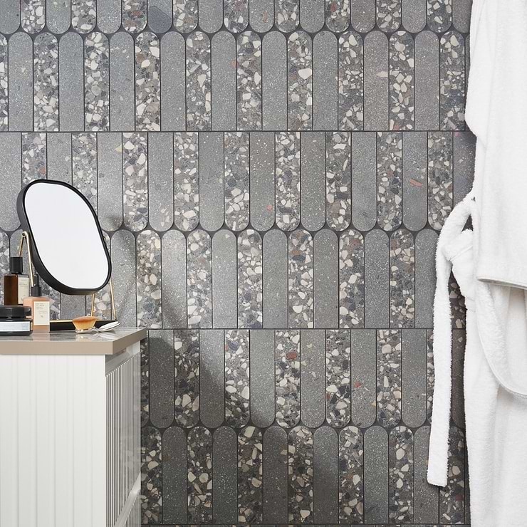 Kobe Fin Charcoal Gray 2x8 Terrazzo Look Matte Porcelain Mosaic Tile