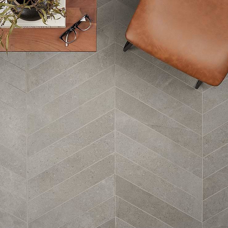 New Rock Fumo Light Gray 4x21 Chevron Limestone Look Matte Porcelain Tile