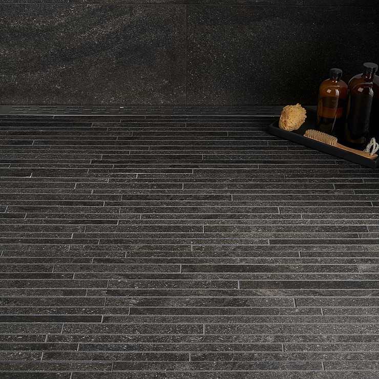 Acadia Thin Strip Charcoal Black Limestone Look Matte Porcelain Mosaic Tile