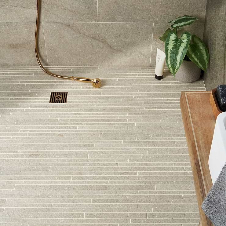 Acadia Thin Strip Warm Linen White Limestone Look Matte Porcelain Mosaic Tile