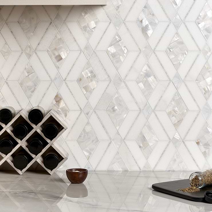 Diana White Polished Marble and Pearl Mosaic Tile