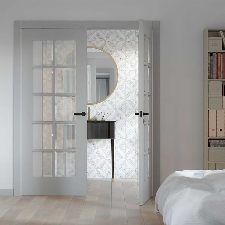 Cleopatra Diagonal Truffle White Terrazzo and Bianco White Marble Polished Mosaic Tile