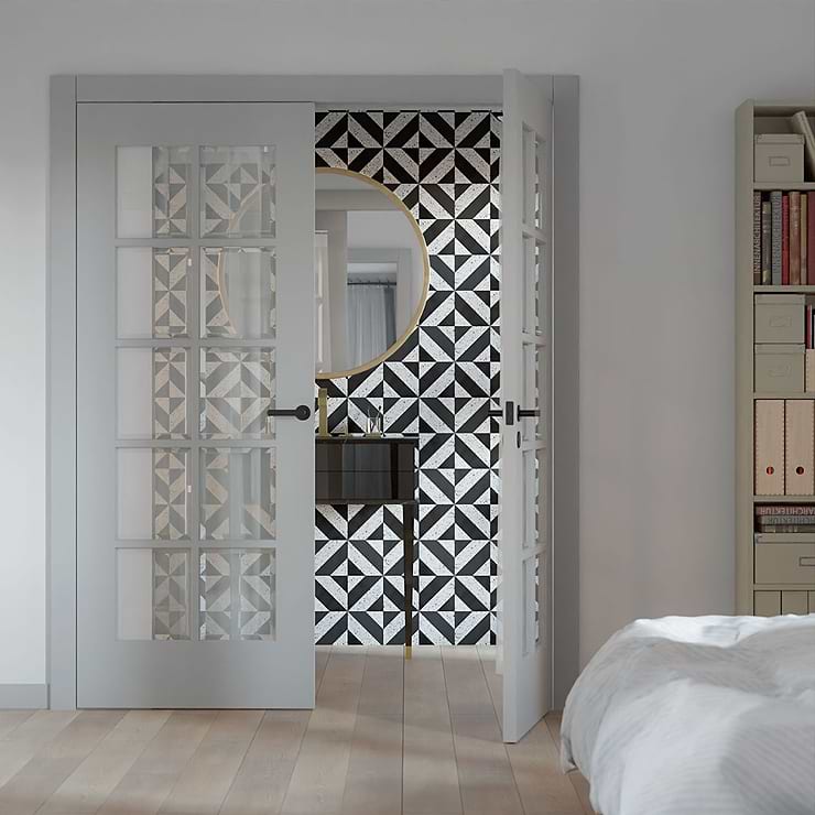 Cleopatra Diagonal Truffle White Terrazzo and Nero Marquina Black Marble Polished Mosaic Tile