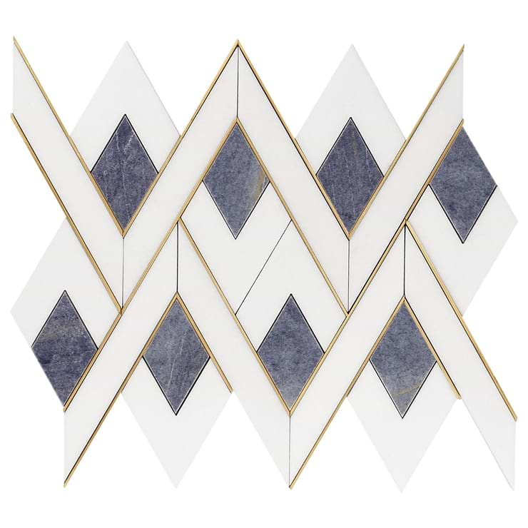 Zeta Azul Blue Polished Marble and Brass Waterjet Mosaic Tile