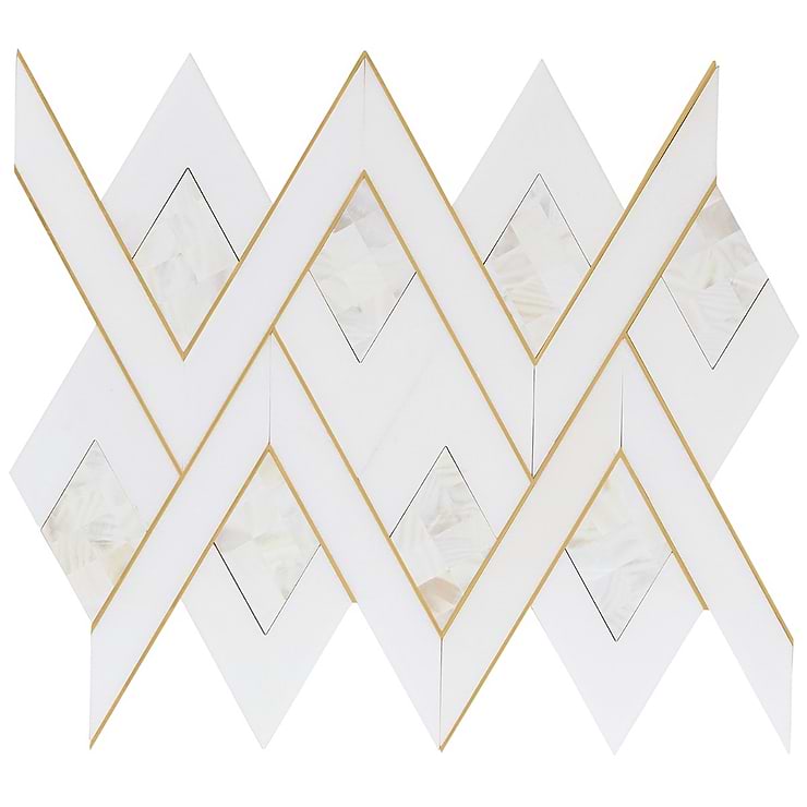 Zeta Pearl White Polished Marble- Pearl and Brass Waterjet Mosaic Tile