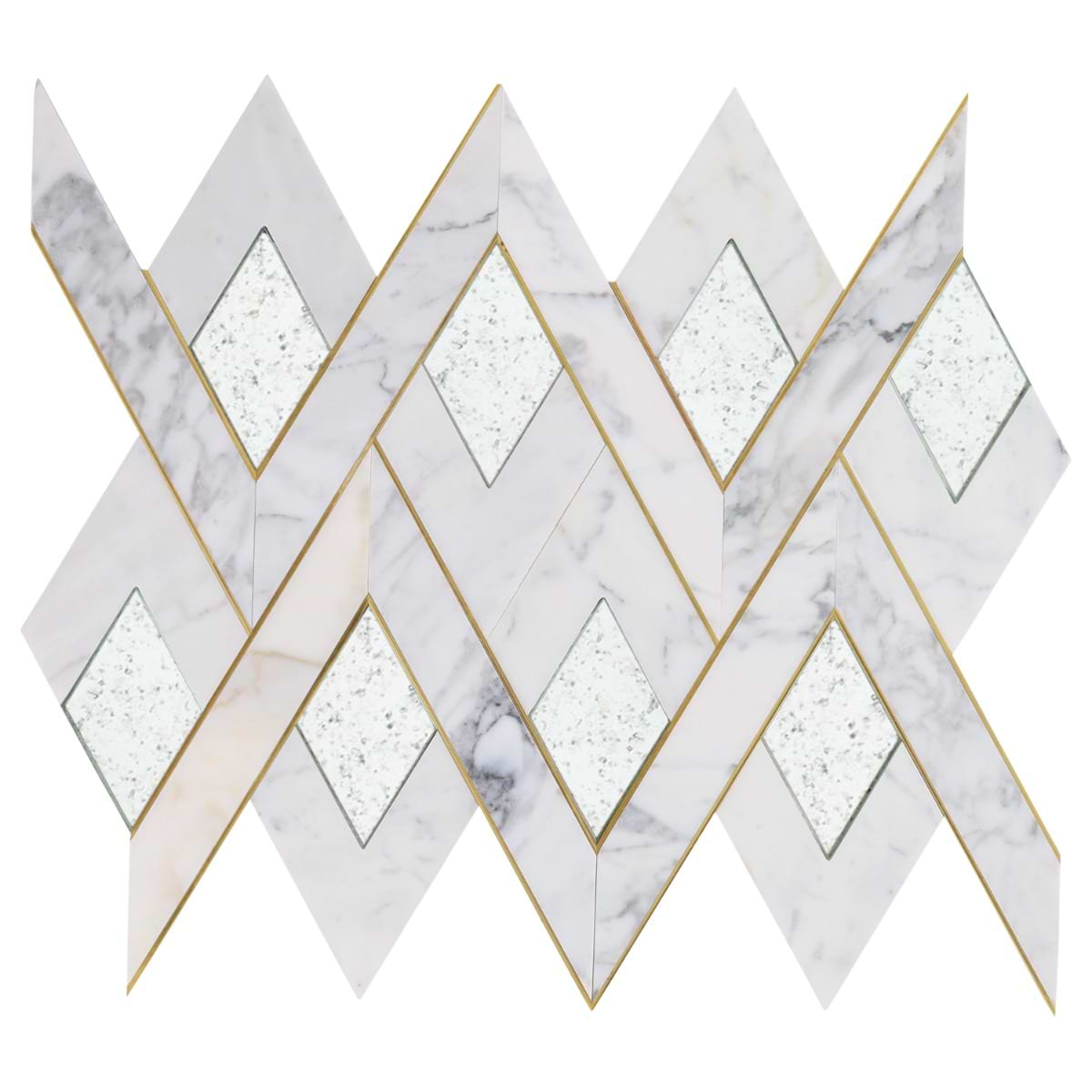 Zeta Mirror Silver Polished Marble- Antique Mirror and Brass Waterjet Mosaic Tile