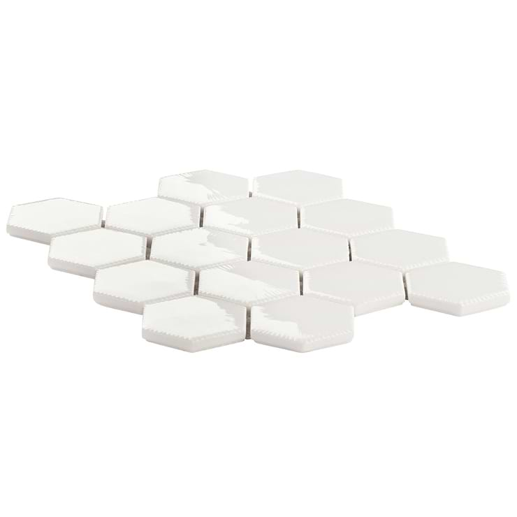 Nabi Hexagon Glacier White 3" Crackled Glossy Glass Mosaic Tile