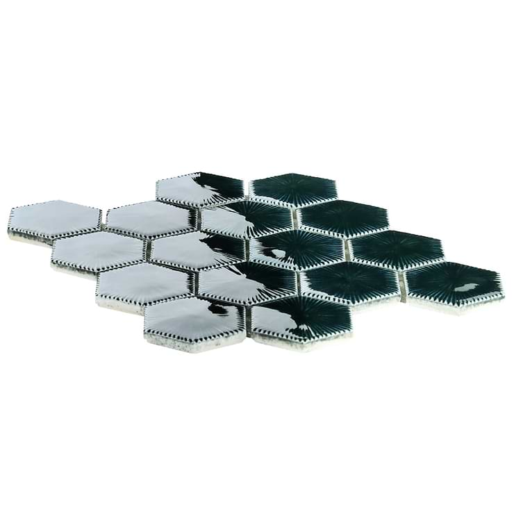 Nabi Hexagon Midnight Blue Green 3" Crackled Glossy Glass Mosaic Tile