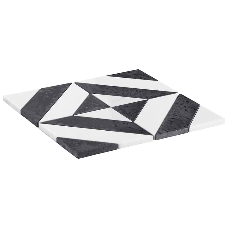 Cleopatra Diagonal Pepper Black Terrazzo and Bianco White Marble Polished Mosaic Tile