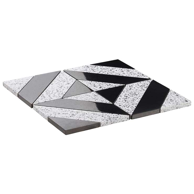 Cleopatra Diagonal Truffle White Terrazzo and Nero Marquina Black Marble Polished Mosaic Tile