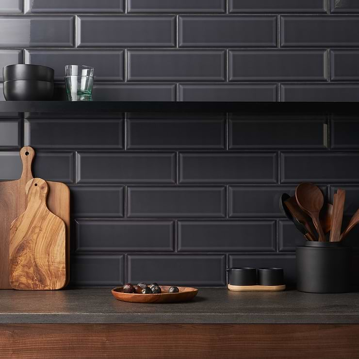 Rise Charcoal Gray 4x12 Beveled Glossy Ceramic Subway Tile