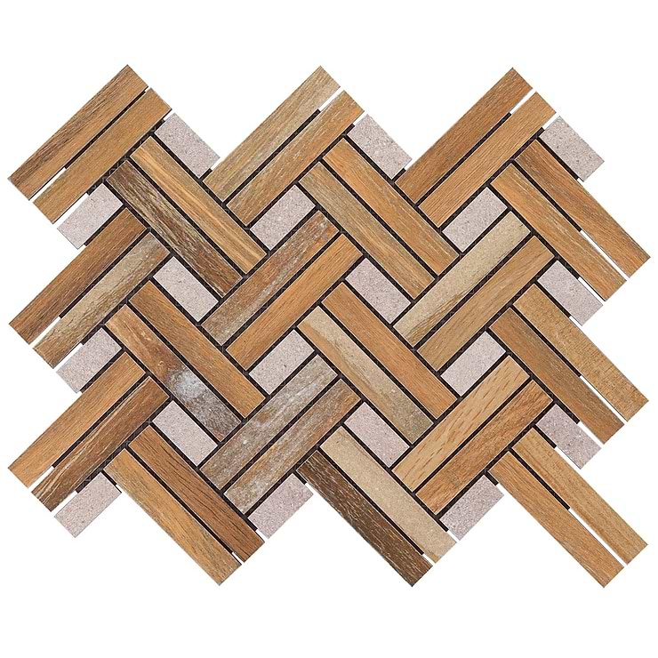 Eternal Basketweave Herringbone Birch Matte Porcelain Wood Look Mosaic Tile