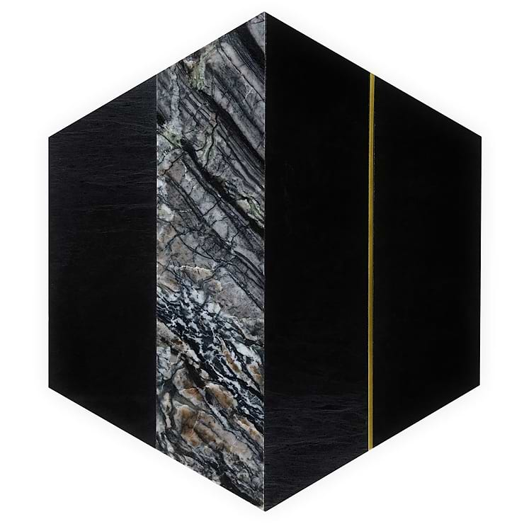 Margo Black and Gold 9" Hexagon Polished Nero Marquina Marble and Brass Mosaic Tile