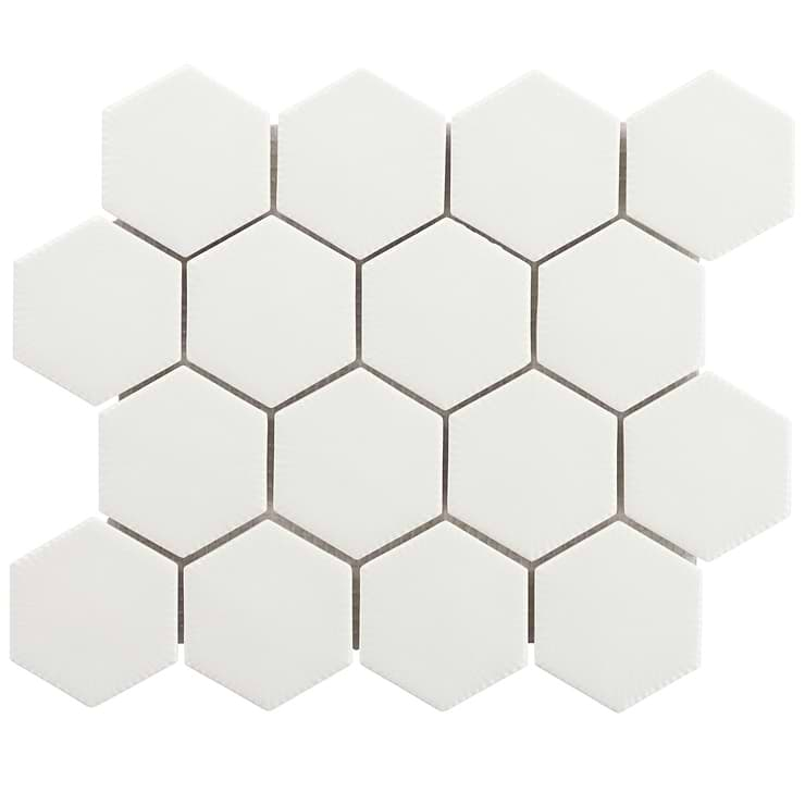 Nabi Hexagon Glacier White 3" Crackled Glossy Glass Mosaic Tile