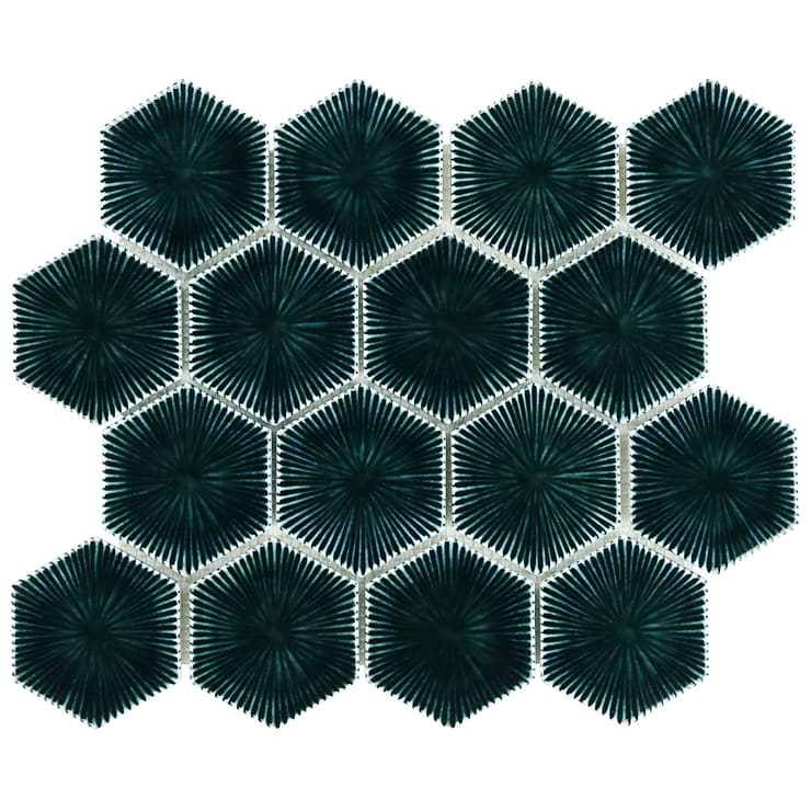 Nabi Hexagon Midnight Blue Green 3" Crackled Glossy Glass Mosaic Tile