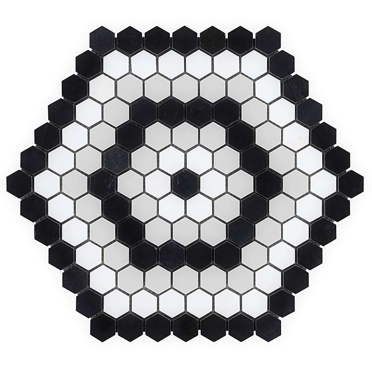 Juno Honeycomb Black and White 1" Hexagon Polished Marble Mosaic Tile