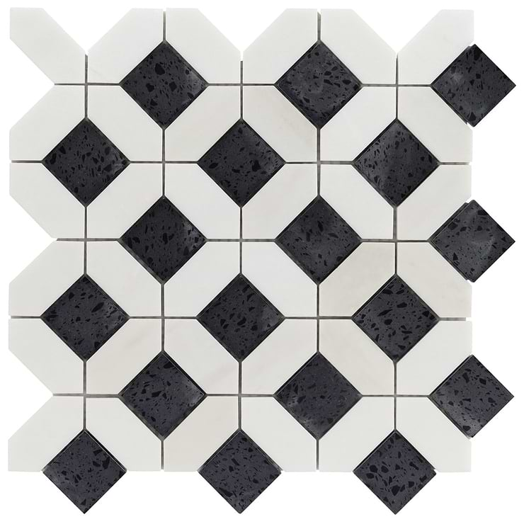 Cleopatra Diamond Pepper Black Terrazzo and Bianco White Marble Polished Mosaic Tile