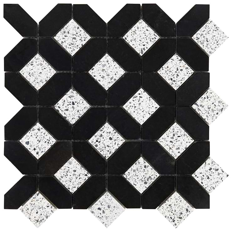 Cleopatra Diamond Truffle White Terrazzo and Nero Marquina Black Marble Polished Mosaic Tile