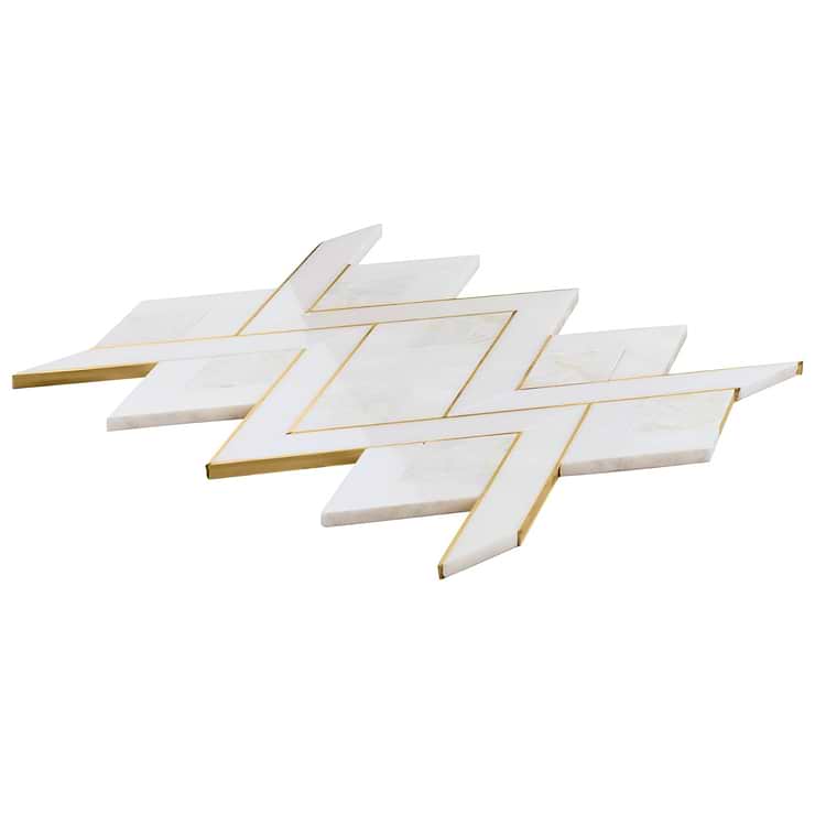 Zeta Pearl White Polished Marble- Pearl and Brass Waterjet Mosaic Tile