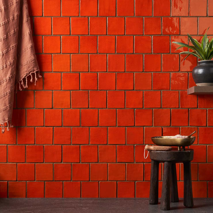 Emery Orange 4x4 Square Handmade Crackled Glossy Terracotta Tile