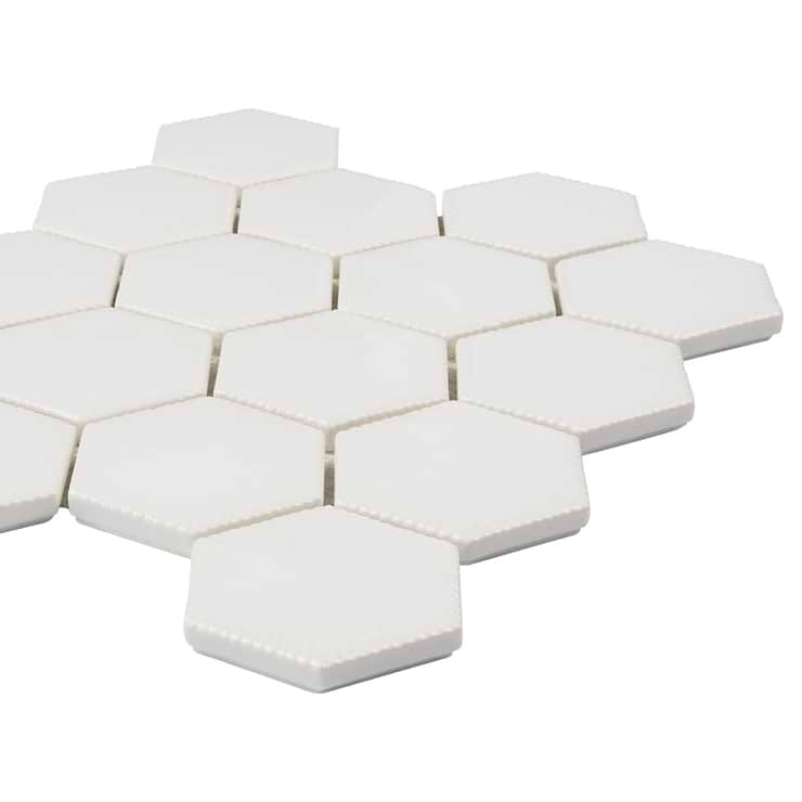 Nabi Hexagon Glacier White 3" Crackled Glossy Glass Mosaic Tile