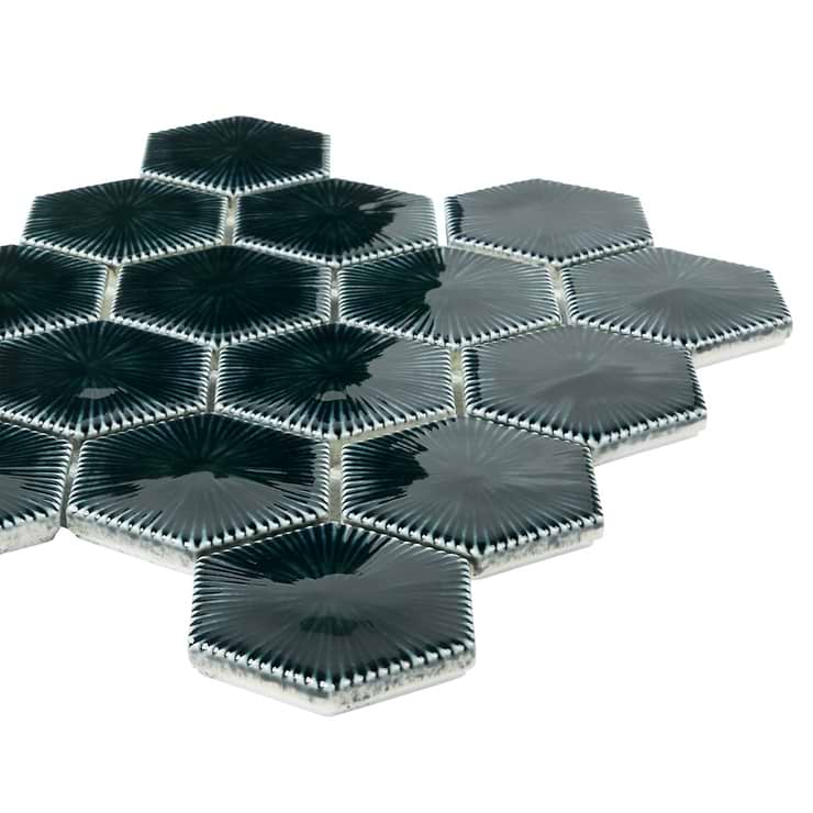 Nabi Hexagon Midnight Blue Green 3" Crackled Glossy Glass Mosaic Tile