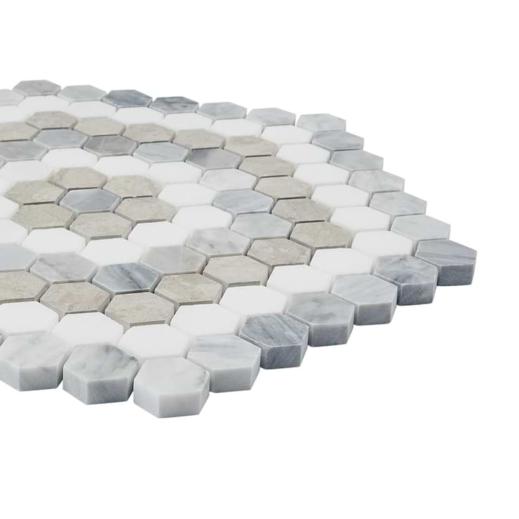Juno Honeycomb Beige and Gray 1" Hexagon Polished Marble Mosaic Tile