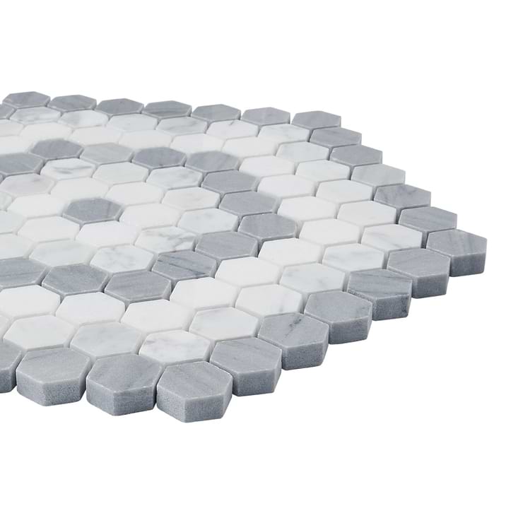 Juno Honeycomb Gray and White 1" Hexagon Polished Marble Mosaic Tile