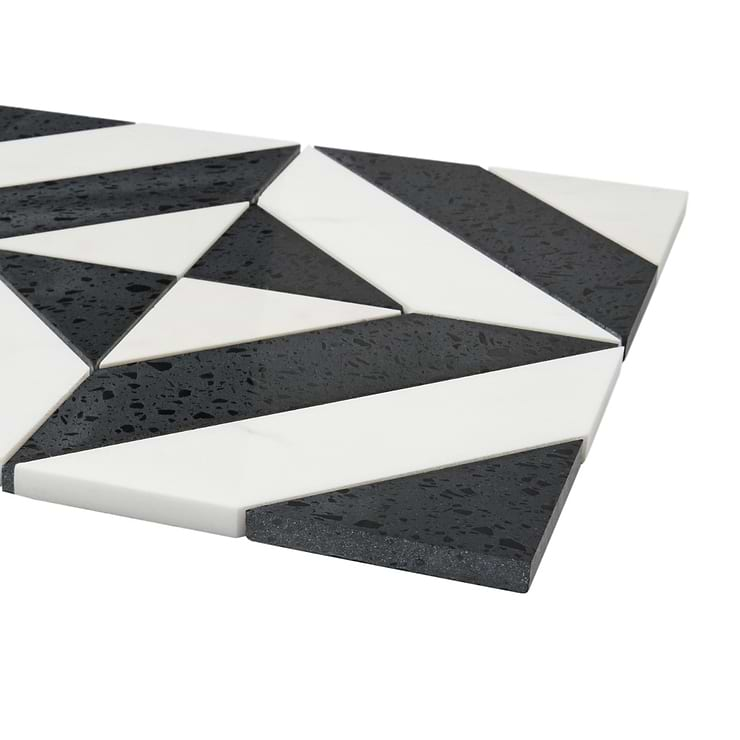 Cleopatra Diagonal Pepper Black Terrazzo and Bianco White Marble Polished Mosaic Tile