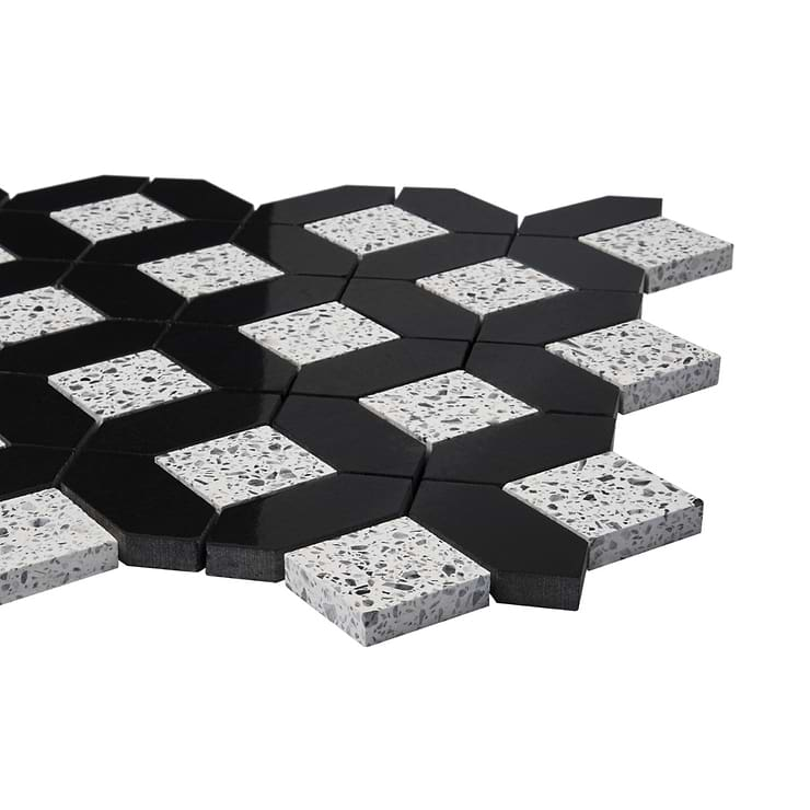 Cleopatra Diamond Truffle White Terrazzo and Nero Marquina Black Marble Polished Mosaic Tile