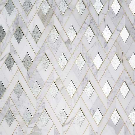 Zeta Mirror Silver Polished Marble- Antique Mirror and Brass Waterjet Mosaic Tile